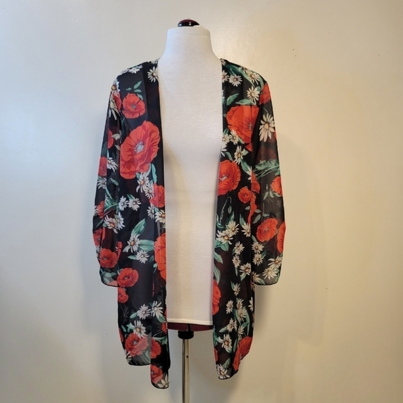 Ambiance Other - Ambiance: Semi-Sheer Open front Poppy Print Cardigan Cover up